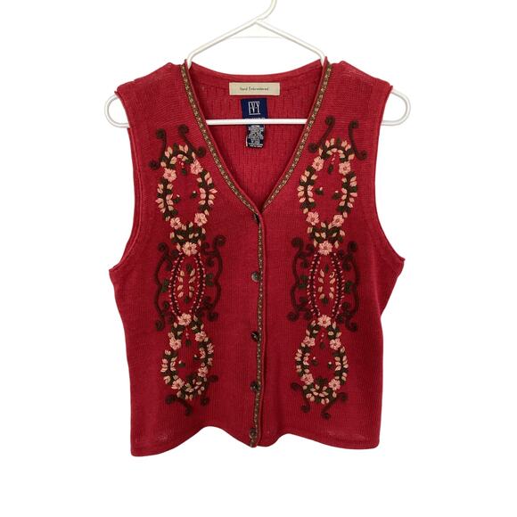 I.V.Y Collectibles Women's Hand Embroidered Sweater Vest Garnet Red Size XL - Picture 1 of 10